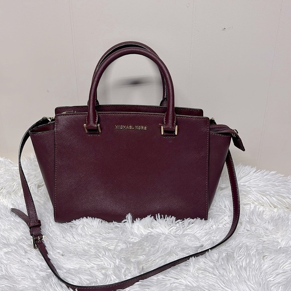 Michael Kors Selma Medium Saffiano Leather Satchel - Crossbody Bag color Merlot - Picture 1 of 13